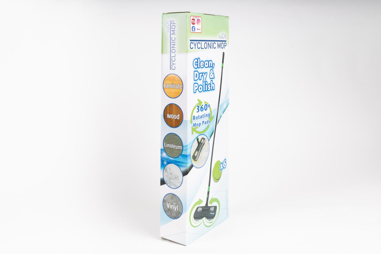 Mopa giratoria 360° que limpia, seca y pule en un solo paso.