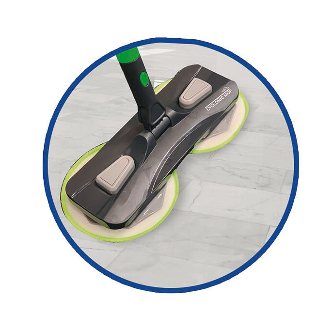 Mopa giratoria 360° que limpia, seca y pule en un solo paso.